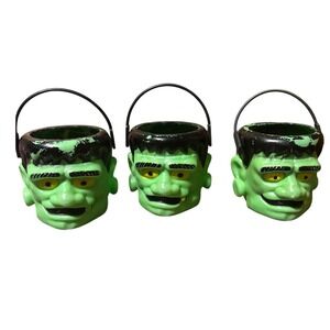 Vintage Halloween Frankenstein Mini Pails Green Monster‎ Treat Buckets Set of 3